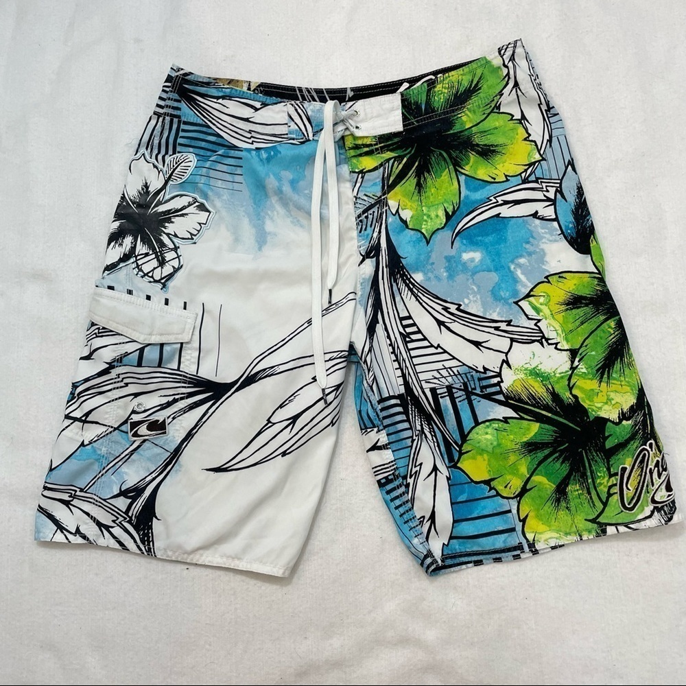 O’NEILL Tropical Hawaiian board shorts unlined side pocket hook/loop fly Sz 34